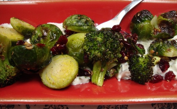 Roasted Brussels Sprouts and Broccoli in Labneh Sauce