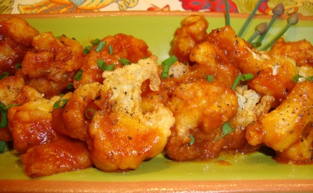 Fried Cauliflower with Roasted Garlic Sweet and Sour Sauce