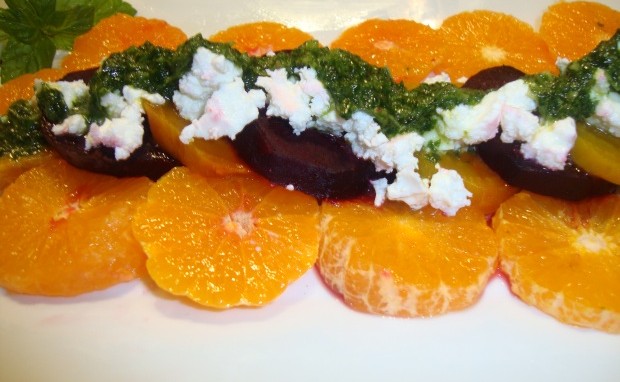 Roasted Beets and Citrus Salad with Mint Cilantro Pesto