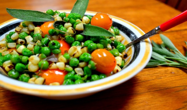 Petite Peas and Roasted Sweet Corn Sauteed in Brown Butter and Sage