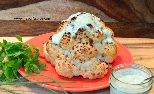 Whole Roasted Cauliflower with a Mint-Goat Cheese Sauce