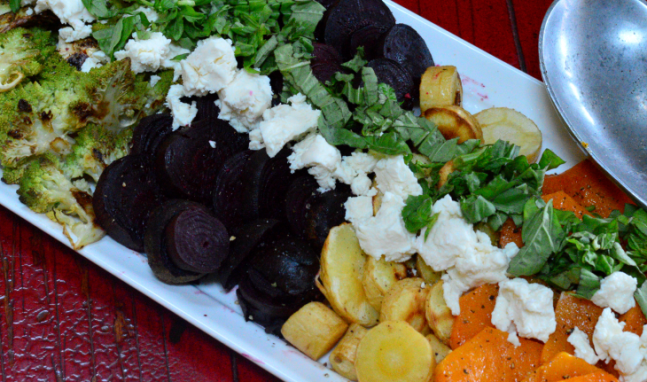 Roasted Fall Vegetables with Goat Cheese and Fresh Basil